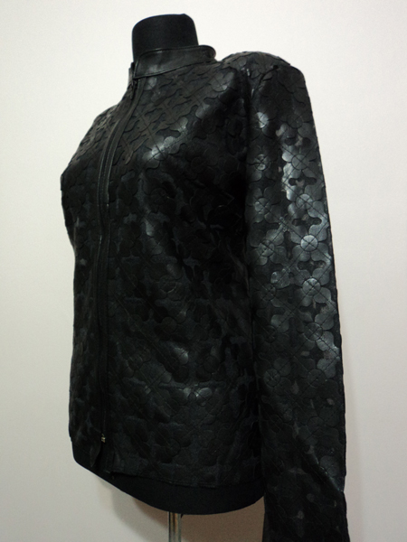 Black Leather Leaf Jacket for Women Design 06 Genuine Short Zip Up Light Lightweight