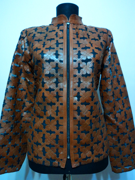 Brown Leather Leaf Jacket Women Design Genuine Short Zip Up Light Lightweight