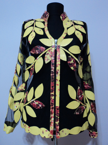Flower Pattern 2 Yellow Leather Leaf Jacket for Women V Neck Design 10 Genuine Short Zip Up Light Lightweight