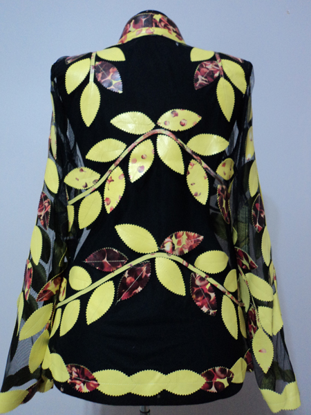 Flower Pattern 2 Yellow Leather Leaf Jacket for Women V Neck Design 10 Genuine Short Zip Up Light Lightweight