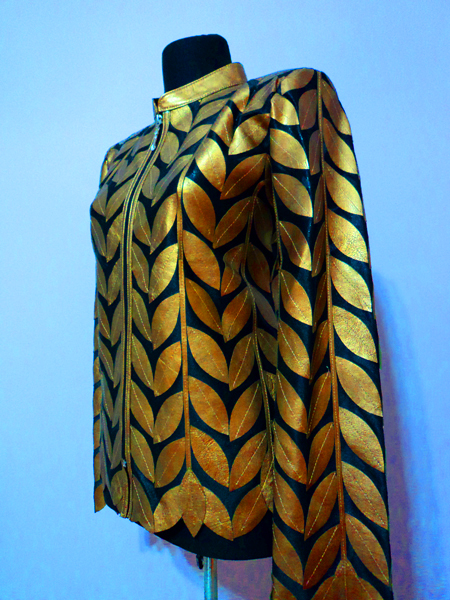 Gold Leather Leaf Jacket for Women Design 04 Genuine Short Zip Up Light Lightweight