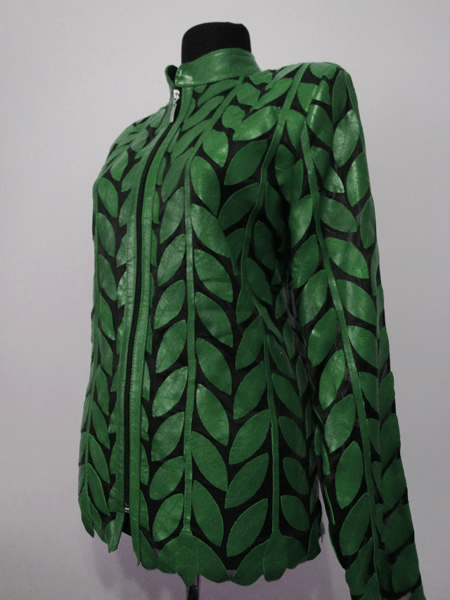 Green Leather Leaf Jacket for Women Design 04 Genuine Short Zip Up Light Lightweight