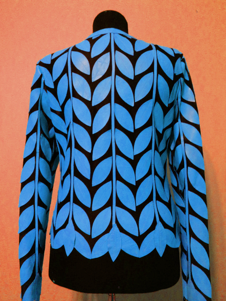 Light Blue Leather Leaf Jacket for Women Round Neck Design 11 Genuine Short Zip Up Light Lightweight