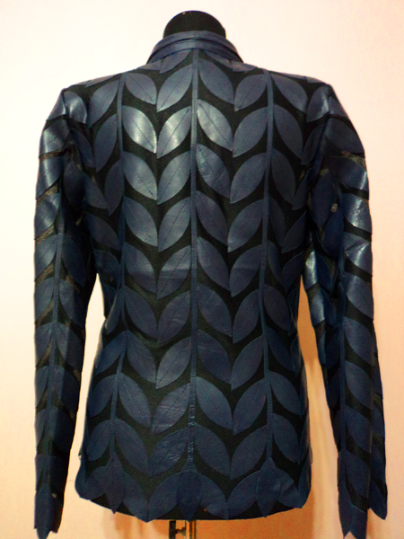 Navy Blue Leather Leaf Jacket for Women V Neck Design 08 Genuine Short Zip Up Light Lightweight