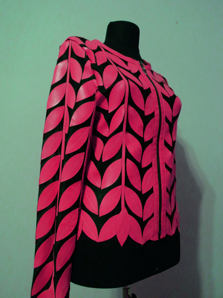 Pink Leather Leaf Jacket for Women Round Neck Design 11 Genuine Short Zip Up Light Lightweight