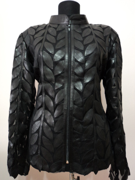 Plus Size Black Leather Leaf Jacket for Women Design 04 Genuine Short Zip Up Light Lightweight [ Click to See Photos ]