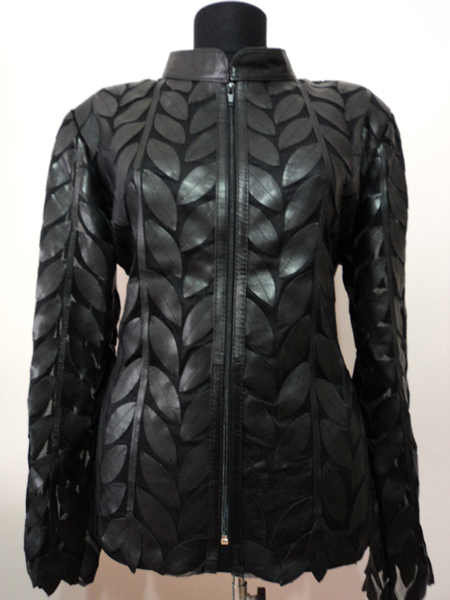 Plus Size Black Leather Leaf Jacket Women Design Genuine Short Zip Up Light Lightweight