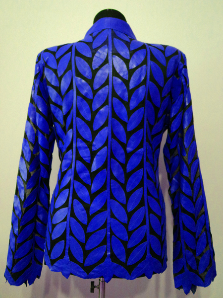 Plus Size Blue Leather Leaf Jacket for Women Design 04 Genuine Short Zip Up Light Lightweight