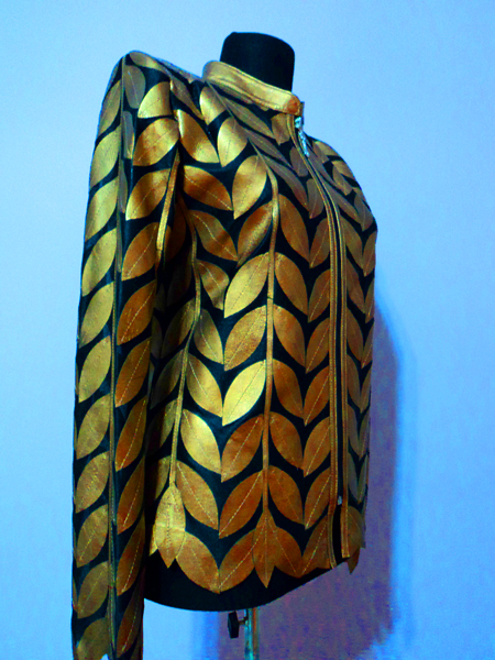Plus Size Gold Leather Leaf Jacket for Women Design 04 Genuine Short Zip Up Light Lightweight