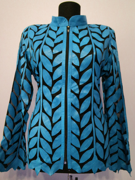 Plus Size Ice Baby Blue Leather Leaf Jacket for Women Design 04 Genuine Short Zip Up Light Lightweight