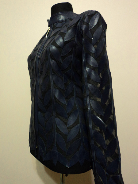 Plus Size Navy Blue Leather Leaf Jacket for Women Design 04 Genuine Short Zip Up Light Lightweight