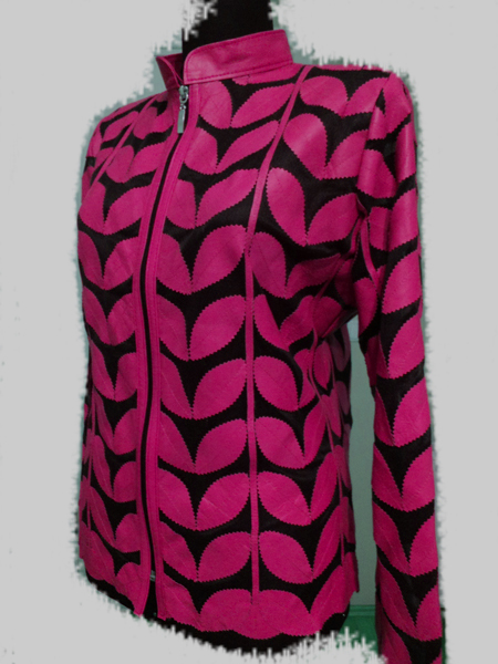 Plus Size Pink Leather Leaf Jacket Women Design Genuine Short Zip Up Light Lightweight