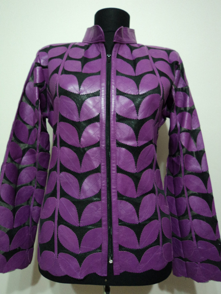 Plus Size Purple Leather Leaf Jacket Women Design Genuine Short Zip Up Light Lightweight