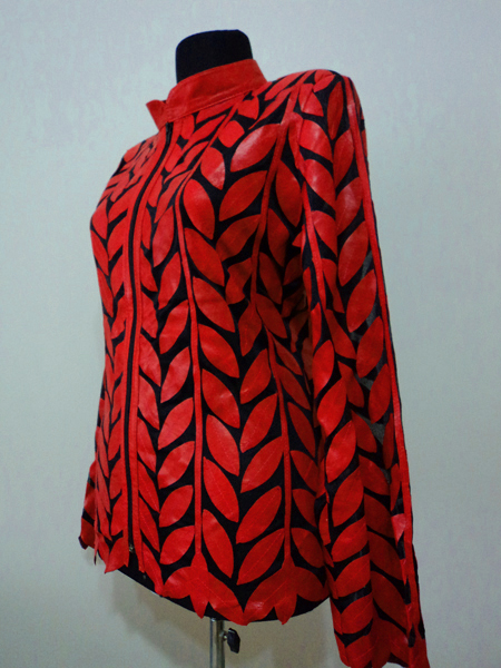 Plus Size Red Leather Leaf Jacket Women Design Genuine Short Zip Up Light Lightweight