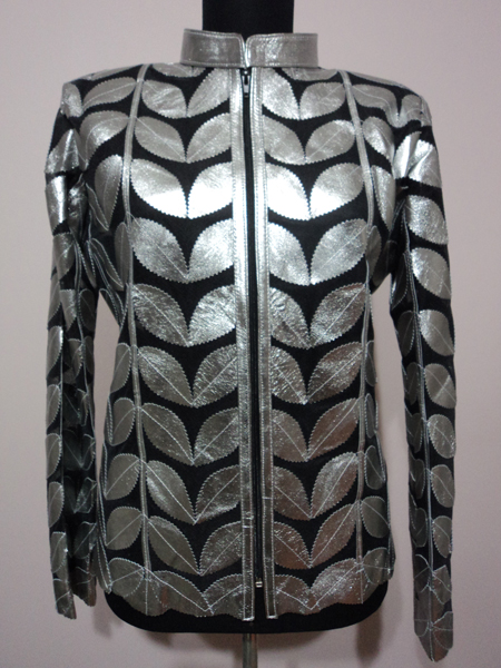 Plus Size Silver Leather Leaf Jacket Women Design Genuine Short Zip Up Light Lightweight