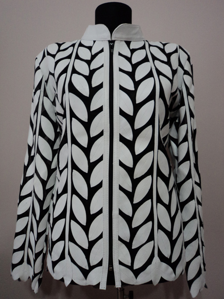 Plus Size White Leather Leaf Jacket for Women Design 04 Genuine Short Zip Up Light Lightweight