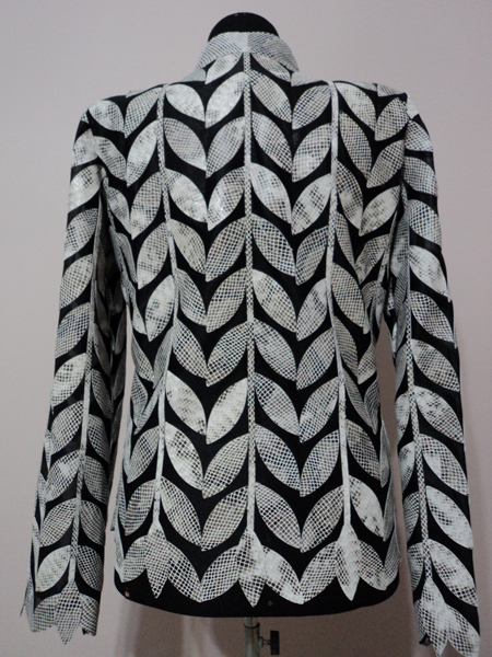 Plus Size White Snake Pattern Leather Leaf Jacket for Women Design 04 Genuine Short Zip Up Light Lightweight