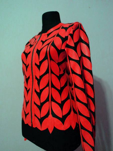 Red Leather Leaf Jacket Women Design Genuine Short Zip Up Light Lightweight