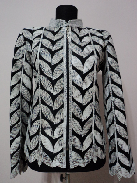 White snake Pattern Leather Leaf Jacket for Ladies Design 04 Genuine Short Zip Up Light Lightweight