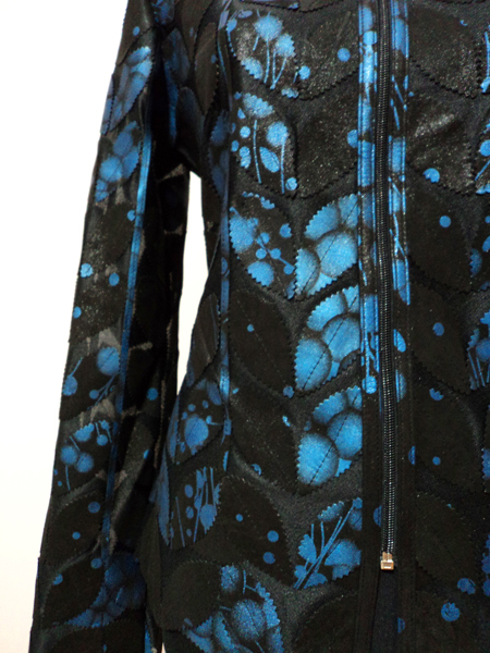 Blue Spotted Black Leather Leaf Jacket for Women