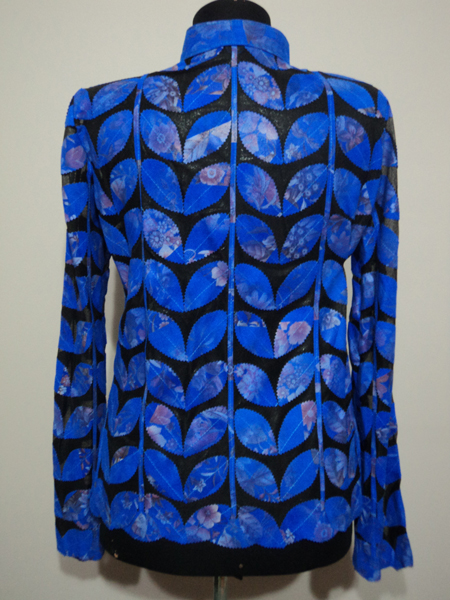 Flower Pattern Blue Leather Leaf Jacket for Women
