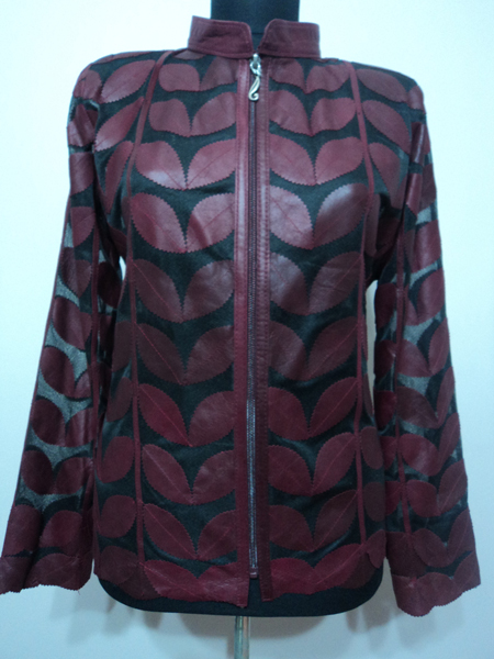 Plus Size Burgundy Leather Leaf Jacket for Women [ Click to See Photos ]