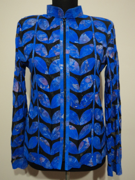 Plus Size Flower Pattern Blue Leather Leaf Jacket for Women [ Click to See Photos ]