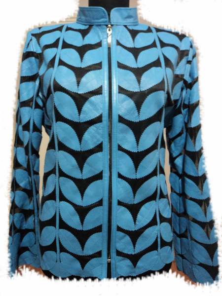 Plus Size Light / Ice / Baby Blue Leather Leaf Jacket for Women [ Click to See Photos ]