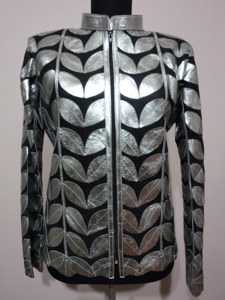 Womens Shiny Silver Gray Leather Leaf Jacket