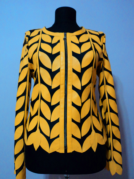 Yellow Leather Leaf Jacket for Women Round Neck Design 11 Genuine Short Zip Up Light Lightweight [ Click to See Photos ]