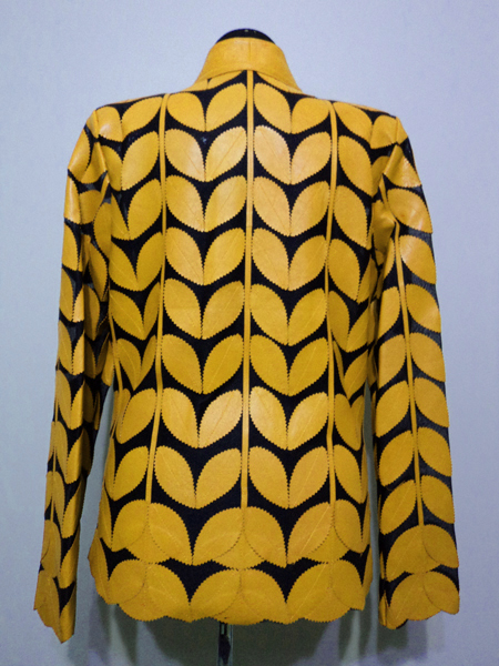 Yellow Leather Leaf Jacket for Women V Neck Design 09 Genuine Short Zip Up Light Lightweight